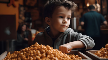 Cute little boy looking at a box full of popcorn in a bakeryの素材