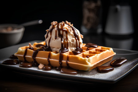 Waffles with ice cream and chocolate sauce on a black background.の素材