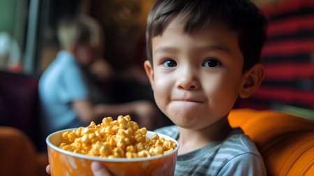 Cute little boy eating popcorn at home. Selective focus.の素材