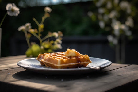 Belgian waffles with caramel on wooden table. Selective focus.の素材