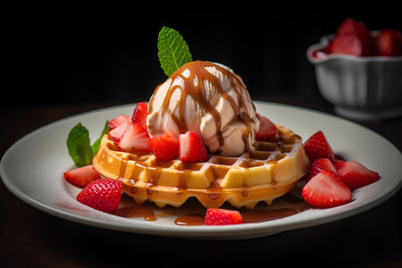 Belgian waffles with ice cream and strawberries on a dark background.の素材