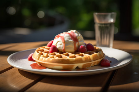Waffles with ice cream and fresh berries on a wooden table.の素材
