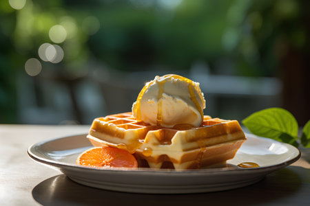 Delicious waffles with ice cream and fresh fruits on the tableの素材