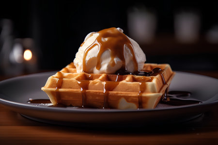 Belgian waffles with ice cream and caramel sauce on wooden tableの素材
