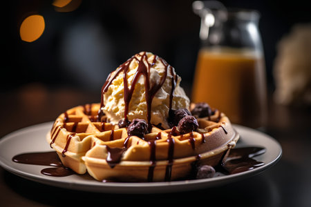 Belgian waffles with ice cream and chocolate sauce on dark backgroundの素材
