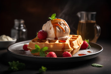 Waffles with ice cream and fresh berries on a dark background.の素材