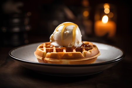 Belgian waffles with ice cream and caramel sauce on wooden backgroundの素材