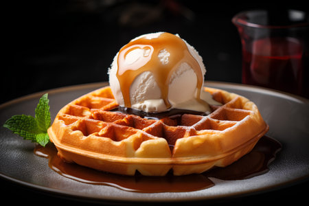 Waffles with ice cream and caramel sauce on a dark background.の素材