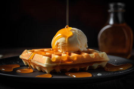 Belgian waffles with ice cream and caramel sauce on black plateの素材