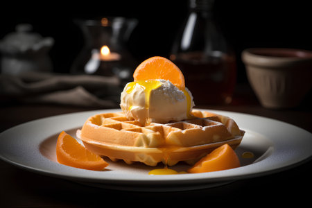 Belgian waffles with ice cream and orange on a black backgroundの素材