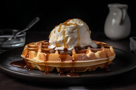 Belgian waffles with ice cream and caramel sauce on dark backgroundの素材