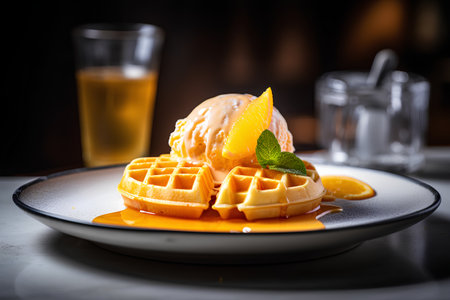 Belgian waffles with ice cream and orange juice on black backgroundの素材