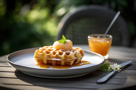 Waffles with ice cream and honey on a wooden table in the gardenの素材