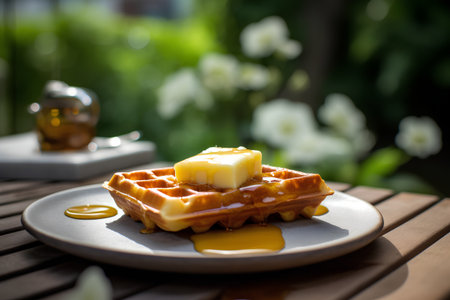 Waffles with honey on a plate in the garden. Selective focus.の素材