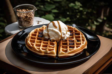 Waffles with ice cream and syrup on black plate on wooden tableの素材