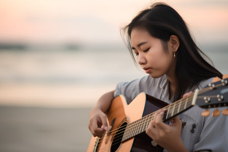 Young asian woman playing acoustic guitar on the beach at sunset.の素材
