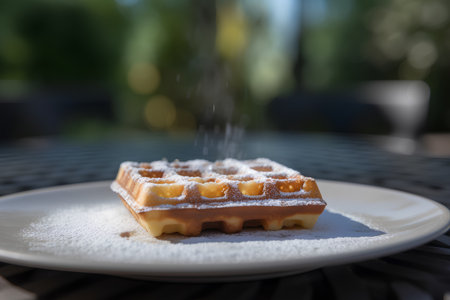 Belgian waffles sprinkled with powdered sugar on a wooden table.の素材