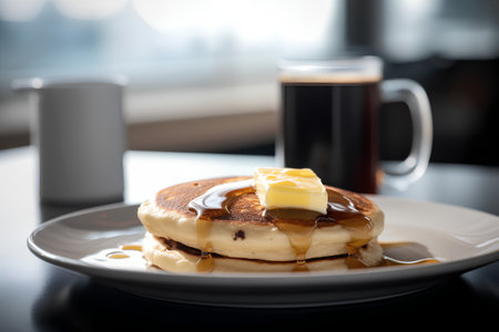 Pancakes with butter and maple syrup on a white plate.の素材
