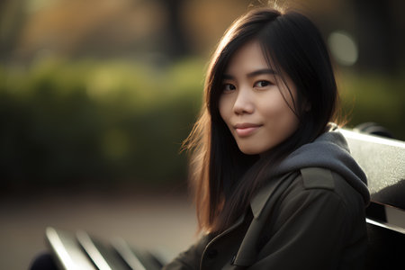 Portrait of a beautiful asian woman sitting on a bench in the parkの素材