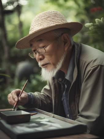 Old man is painting in the garden. Vintage style. Selective focus.の素材