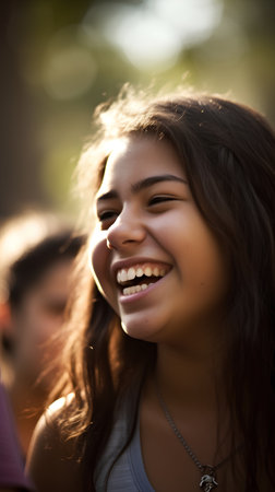 Portrait of a beautiful young woman smiling with friends in the backgroundの素材