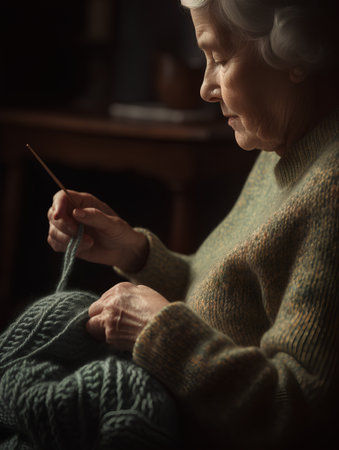 Senior woman knitting at home. Selective focus on knitting needles.の素材