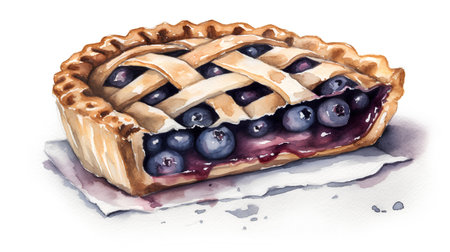 Watercolor pie with blueberry. Hand drawn illustration isolated on white backgroundの素材