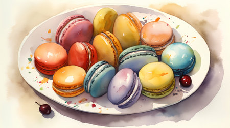 Colorful macaroons on a plate, watercolor illustration.の素材