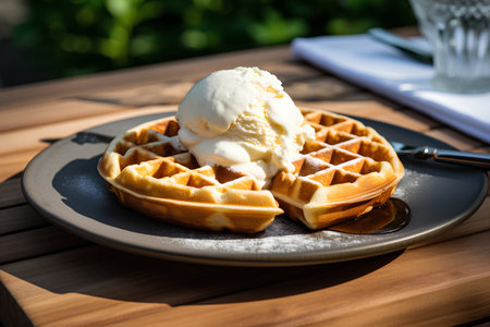 Belgian waffles with vanilla ice cream on a wooden table.の素材