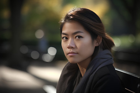 Portrait of a beautiful young asian woman in the park.の素材