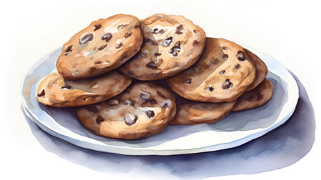 Watercolor illustration of a plate with chocolate chip cookies on a white backgroundの素材