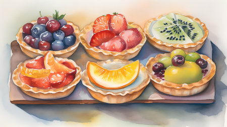 Tartlets with fruits. Watercolor painting on white background.の素材