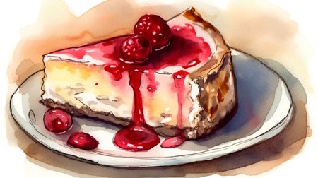 Watercolor hand drawn illustration of cheesecake with raspberries.の素材