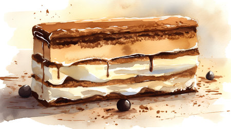 Watercolor drawing of a piece of cake with cream and chocolate.の素材