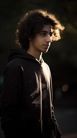 Portrait of a young man with curly hair in a black sweatshirt.の素材