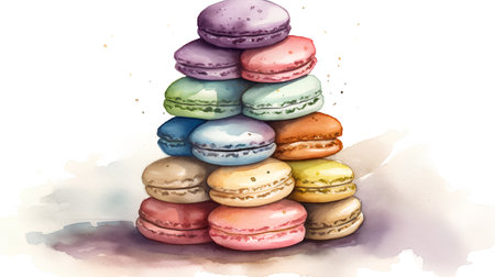 Colorful macaroons. Watercolor hand drawn illustration on white backgroundの素材