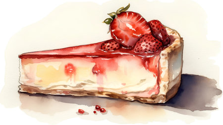 Watercolor illustration of a strawberry cheesecake on a white background.の素材