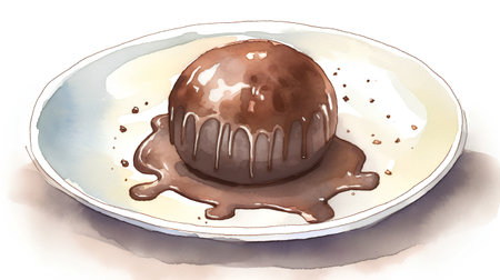 Chocolate truffle with chocolate syrup. Watercolor hand drawn illustrationの素材