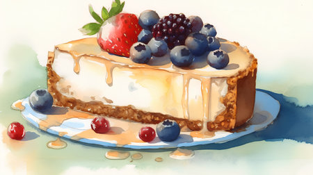Watercolor illustration of a cheesecake with berries on a white backgroundの素材