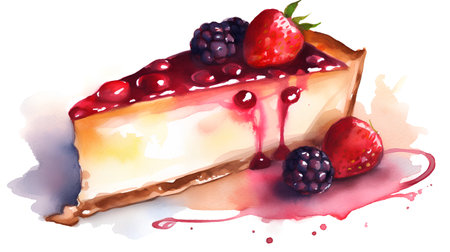 Watercolor illustration of a piece of cheesecake decorated with berries.の素材