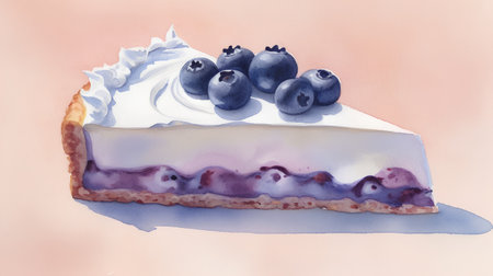 Watercolor illustration of blueberry cake with whipped cream and berries.の素材