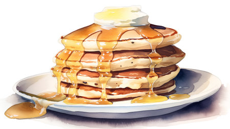 Watercolor illustration of a stack of pancakes with condensed milk and honeyの素材
