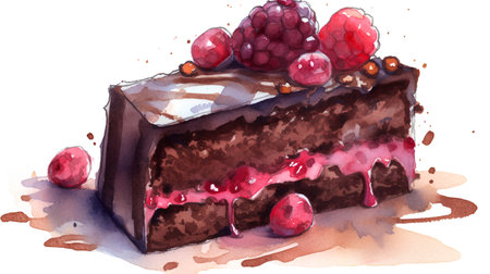 Hand drawn watercolor illustration of chocolate cake with cream and berries.の素材