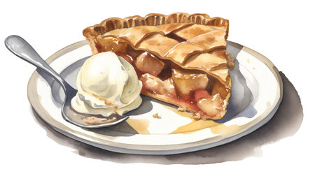 Watercolor illustration of apple pie with ice cream on white background.の素材