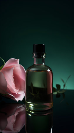 Bottle of rose essential oil with flower on dark green background.の素材