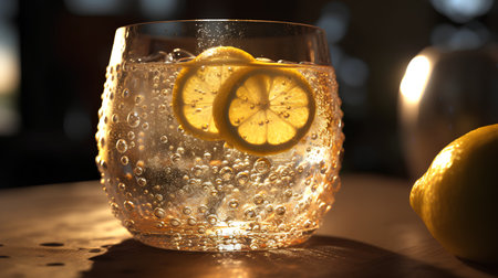 Close up of a glass of cold drink with lemon and ice.の素材