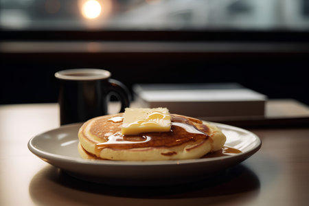 Pancakes with butter and honey on a wooden table in a cafeの素材