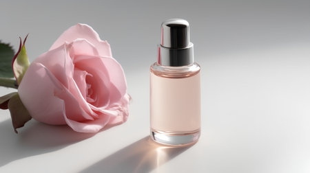 Bottle of perfume with rose on a light background. 3d renderingの素材