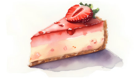 Watercolor illustration of a slice of strawberry cake on white background.の素材