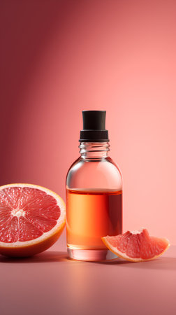 Bottle of grapefruit essential oil on pink background. 3d renderingの素材